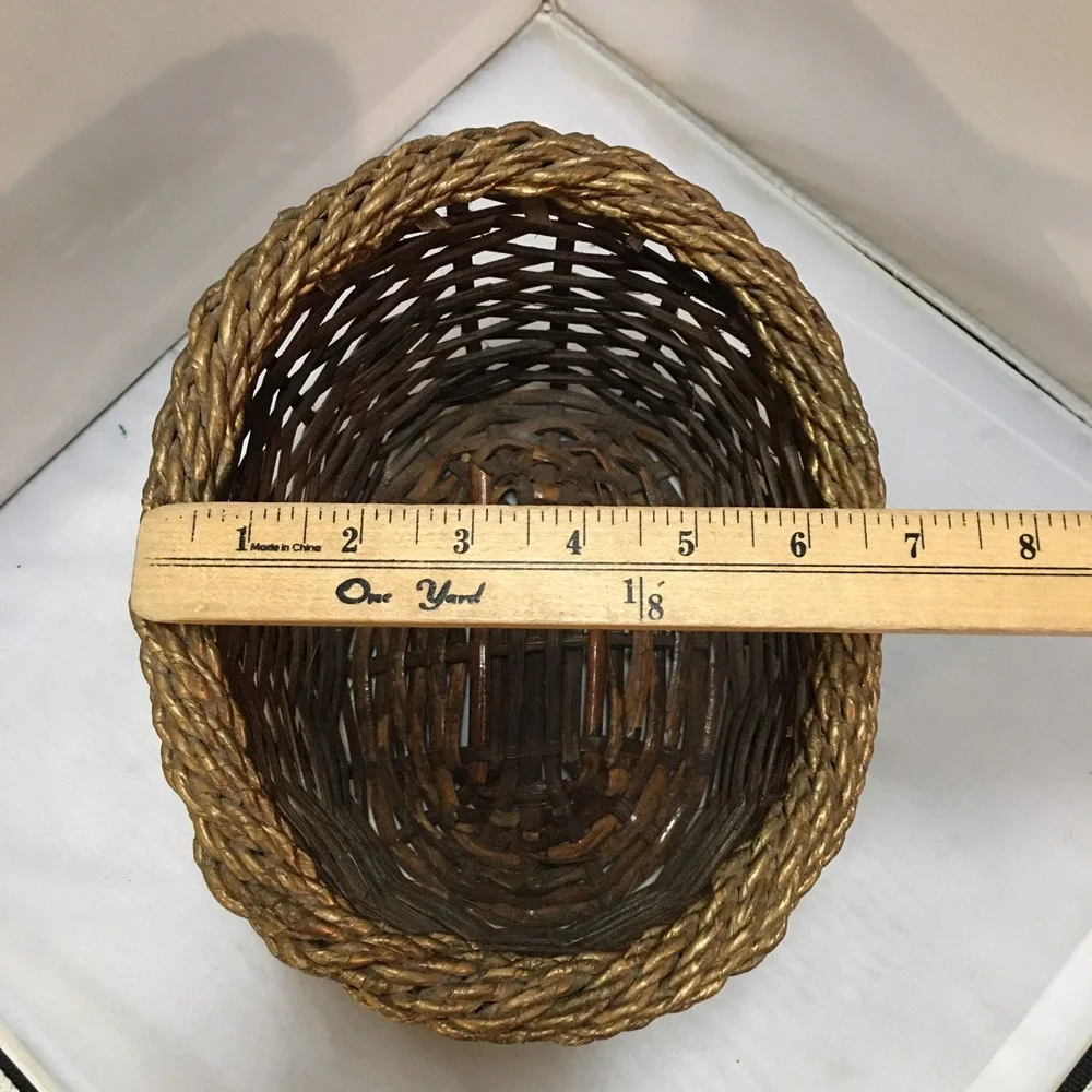Wicker Storage Basket Unisex OS Brown Gold Trim Oval Woven Decor Cottagecore